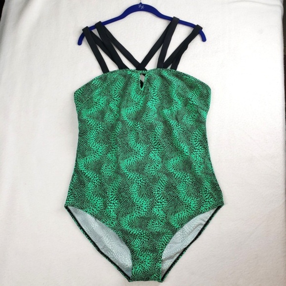 Plus Size One Piece Swimsuit Womens XXL Neon Green Print Criss-Cross Back‎ Rave